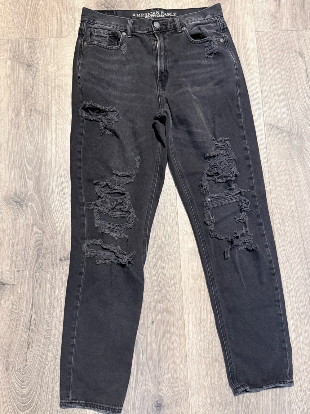 American Eagle Outfitters Black Straight Leg Distressed Mom Jeans